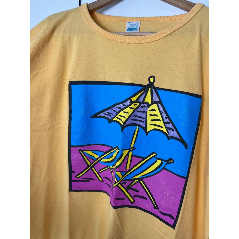 Beach Bound Vintage Yellow Graphic T-Shirt Dress Beach Chairs Pocket USA 1X - Picture 3 of 7